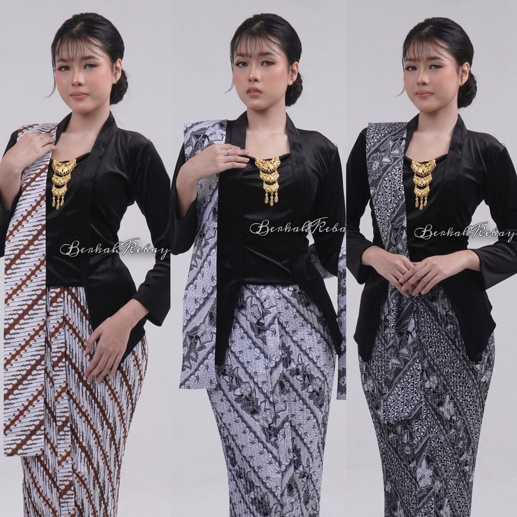 Setelan Kebaya Kutu Baru Bludru Warna Hitam / Kebaya + Selendang + Jarik Wiru Plisket