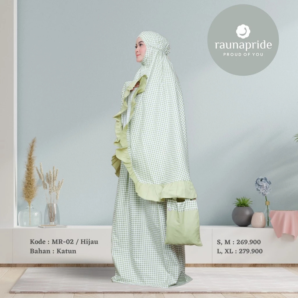 Rauna Pride Mukena Dewasa MR 02 Hijau Bahan Katun Rayon Premium Adem