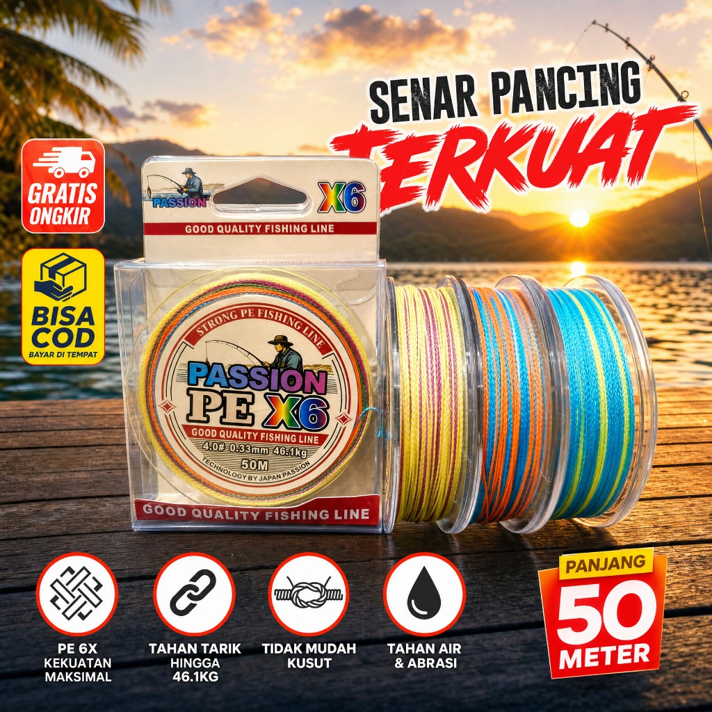 Senar Pancing PE X6 50M PE Multicolor Senar Kepang 6 Helai Untai Senar Pancing Multifilamen Kawat Pa