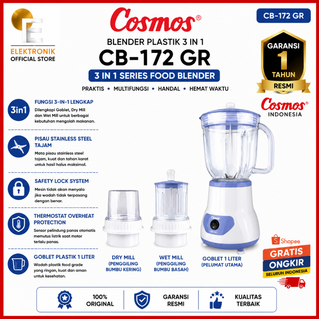 Cosmos CB172GR Blender Plastik 1L Pisau Stainless Steel Thermostat Overheat Protection 3 in 1 Series