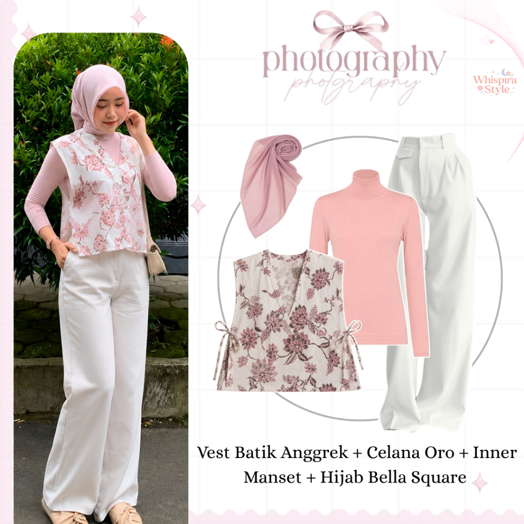 Setelan 4in1 Kekinian (Vest Batik Anggrek, Celana Oro Pants, Inner Manset, Hijab Bella) Look Cantik 