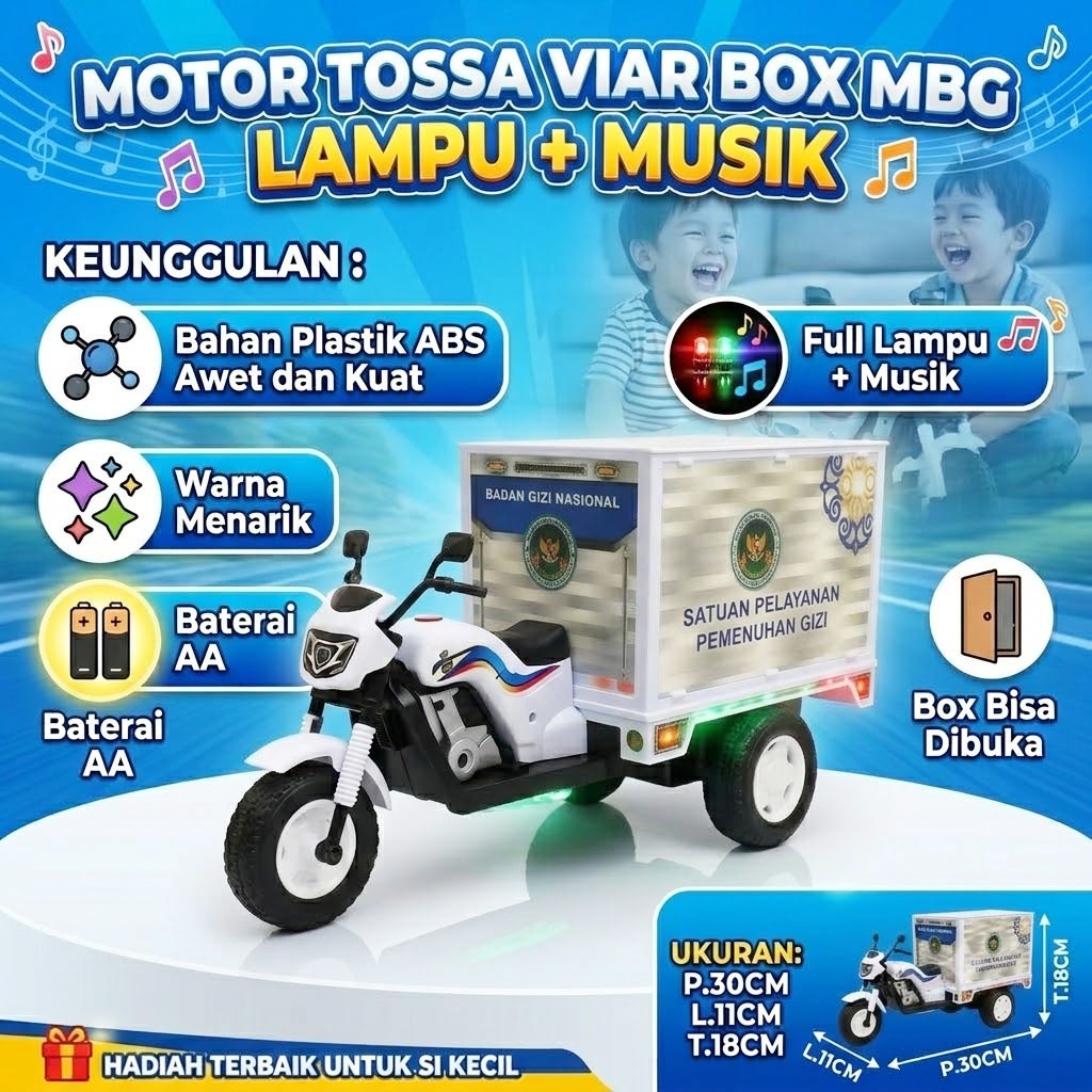 NEKOFAST- Mainan Anak Motor Viar Roda 3 Box MBG Ada Lampu Musik Mainan Mobil Tossa Box SPPG