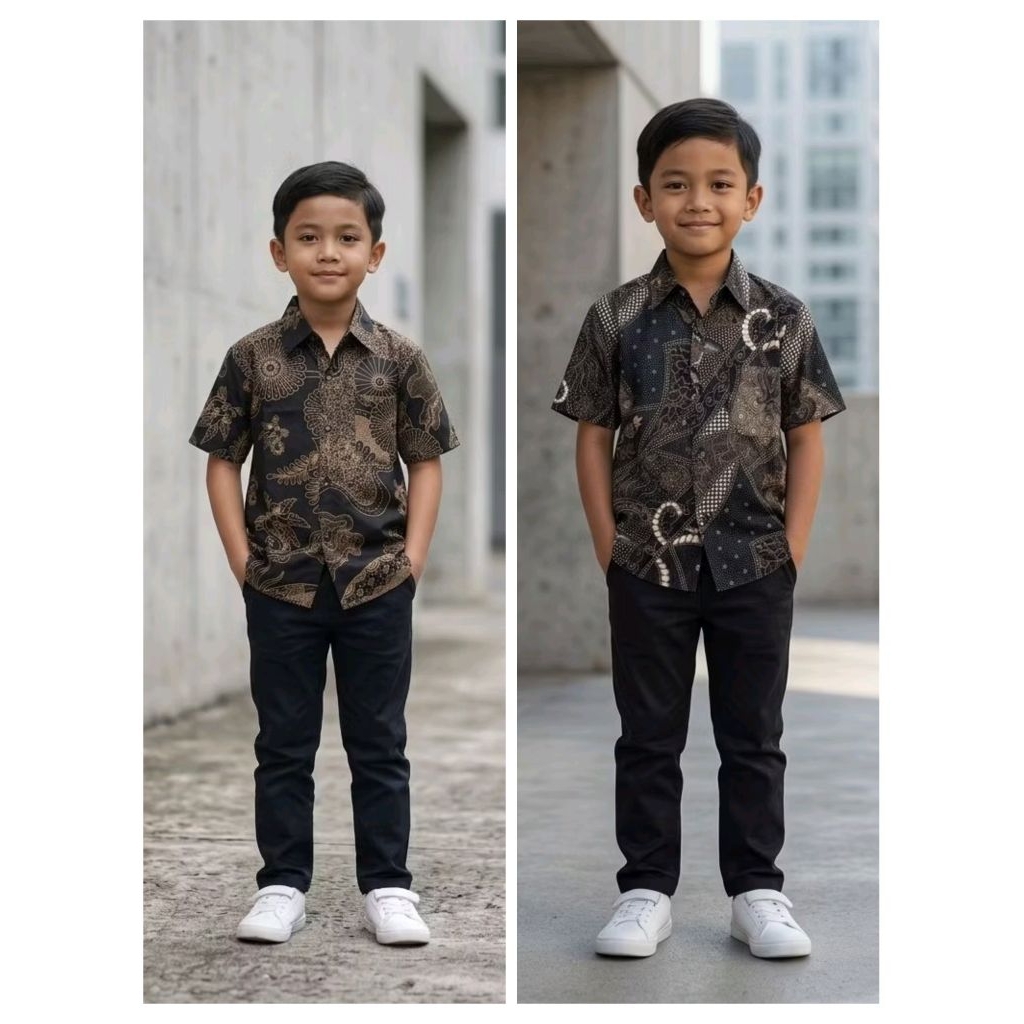 Batik Anak Laki-Laki Hitam usia 4 -10 Tahun Bahan Katun Signature - Fatih Batik Medan