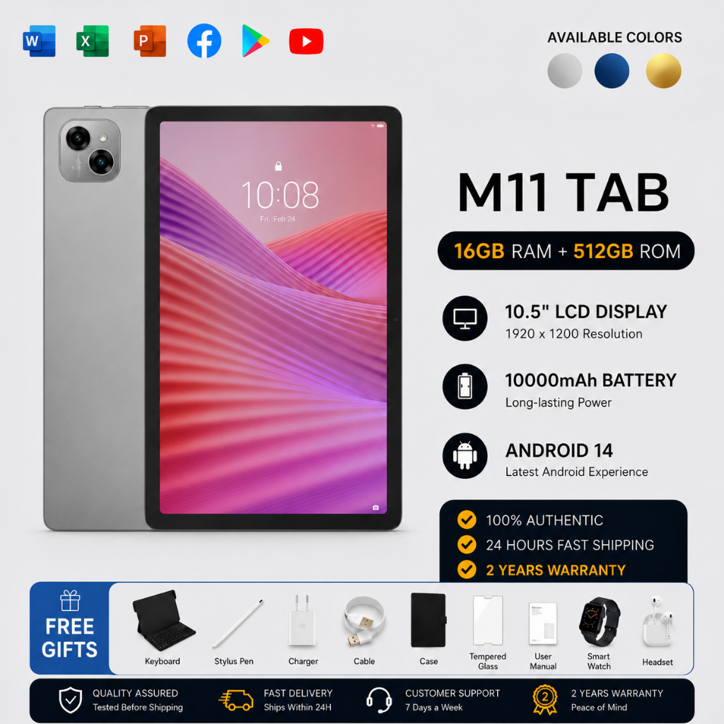 Lenovo M11 Tablet 10.5 Inch 12GB RAM 512GB ROM 4G LTE Dual SIM WiFi Android Tablet untuk Belajar Ker