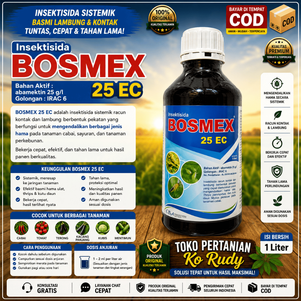 Insektisida Bosmex 25 EC 1 Liter Original Abamektin 25 g/L - acun kontak dan racun lambung untuk men