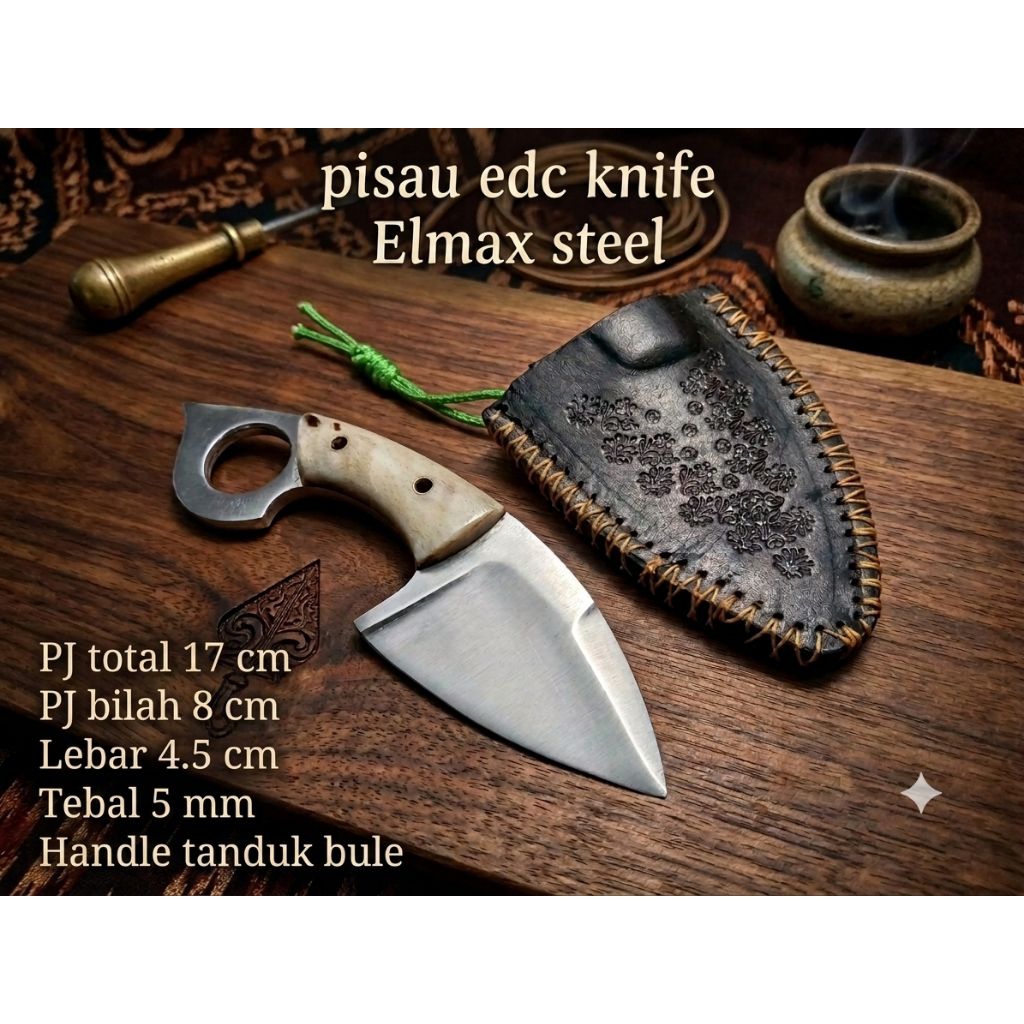 pisau kemping Elmax steel tanduk bule sarung kulit super tajam siap pakai
