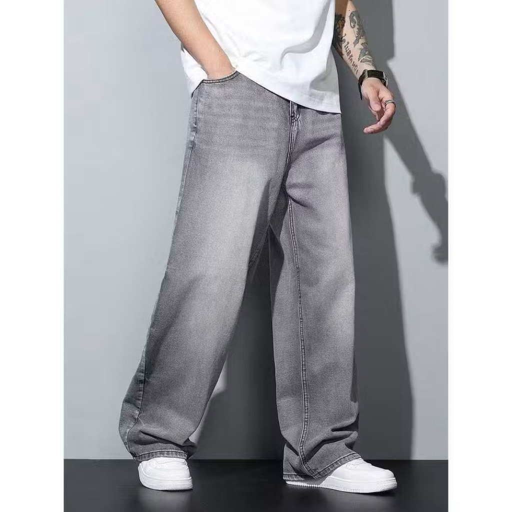 Celana jeans pria biru muda panjang baggy pants Korean style premium denim unisex gombrong casual st