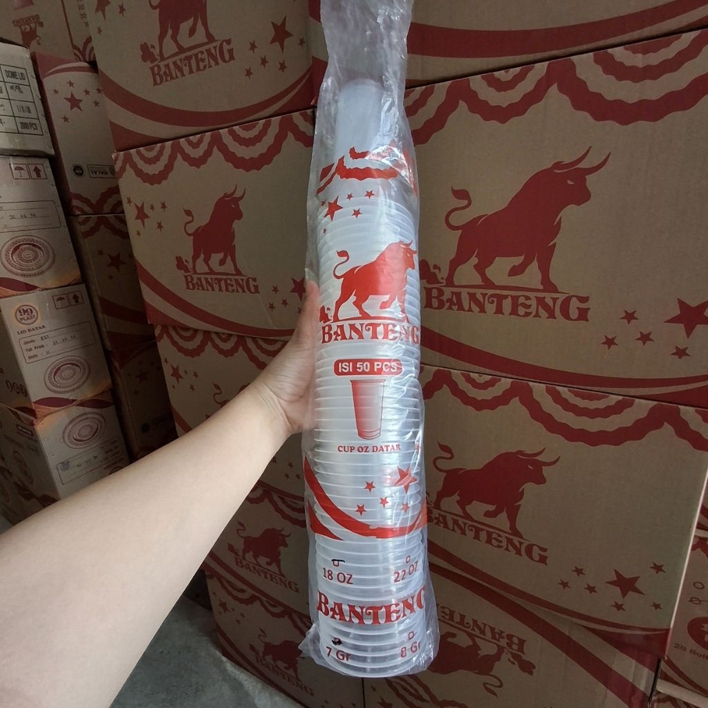 1 Karton [1000 pcs] Cup gelas 18oz 22oz 7g datar BANTENG [2000pcs]  8oz 12oz 14oz 16oz tanpa tutup i