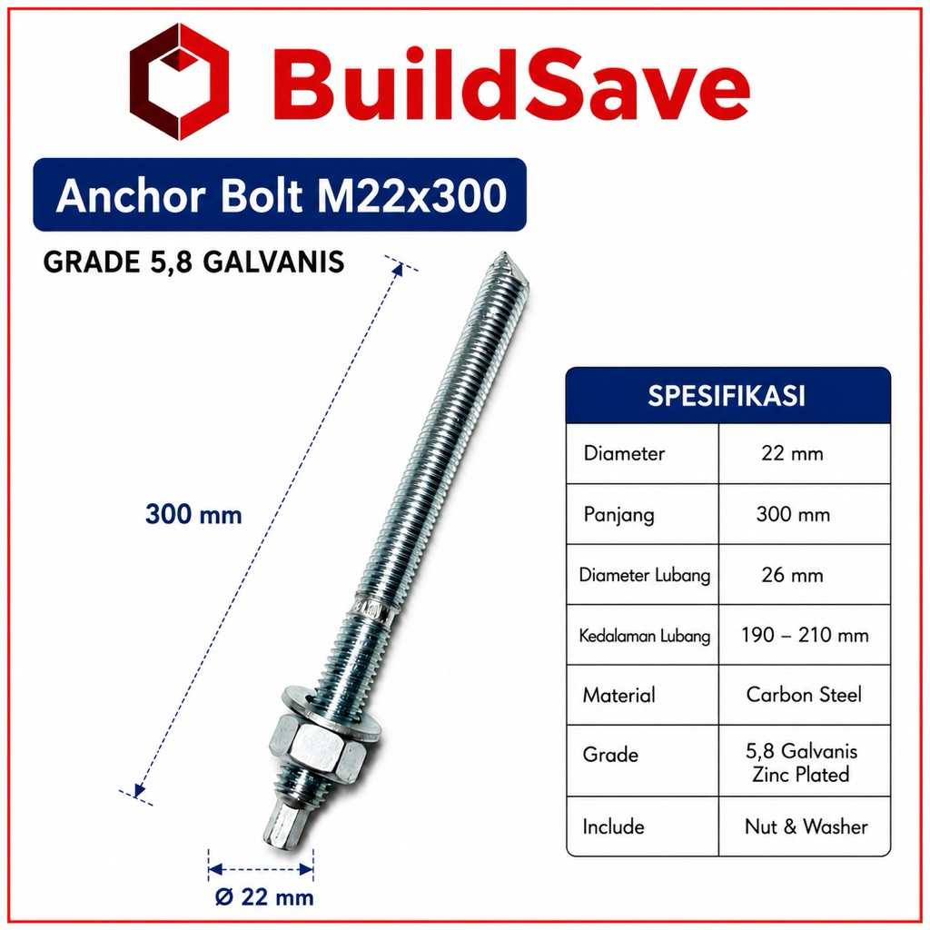 CHEMICAL ANCHOR BOLT M22 x 300 GRADE 5.8