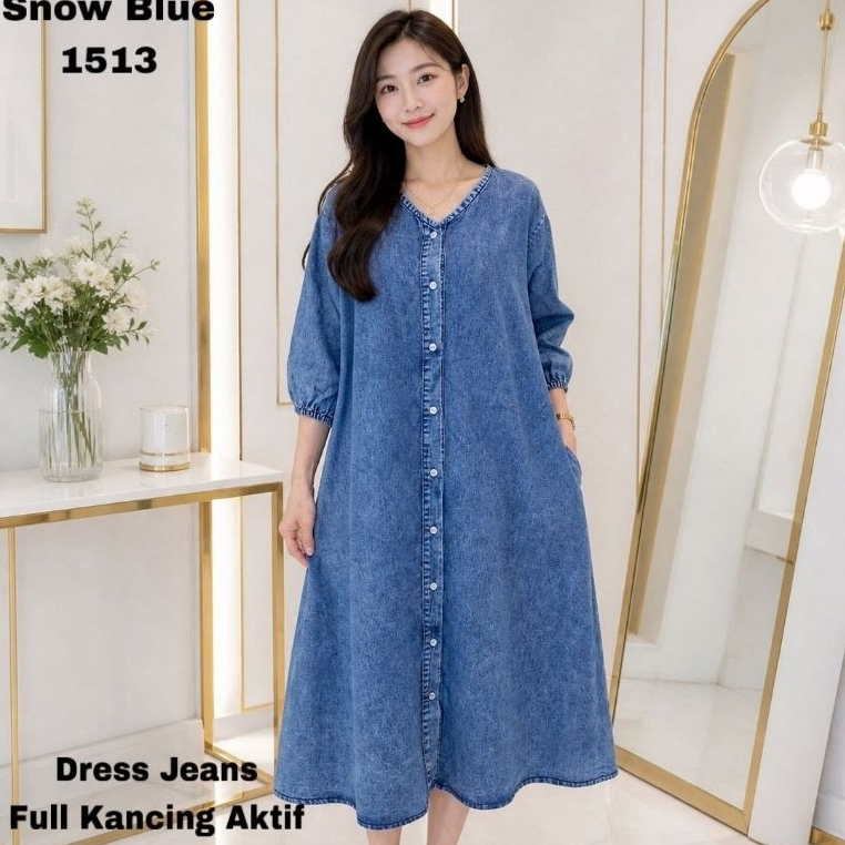 AMANDA BAJU DRESS JEANS KANCING AKTIF UKURAN JUMBO LD 110--120 CM