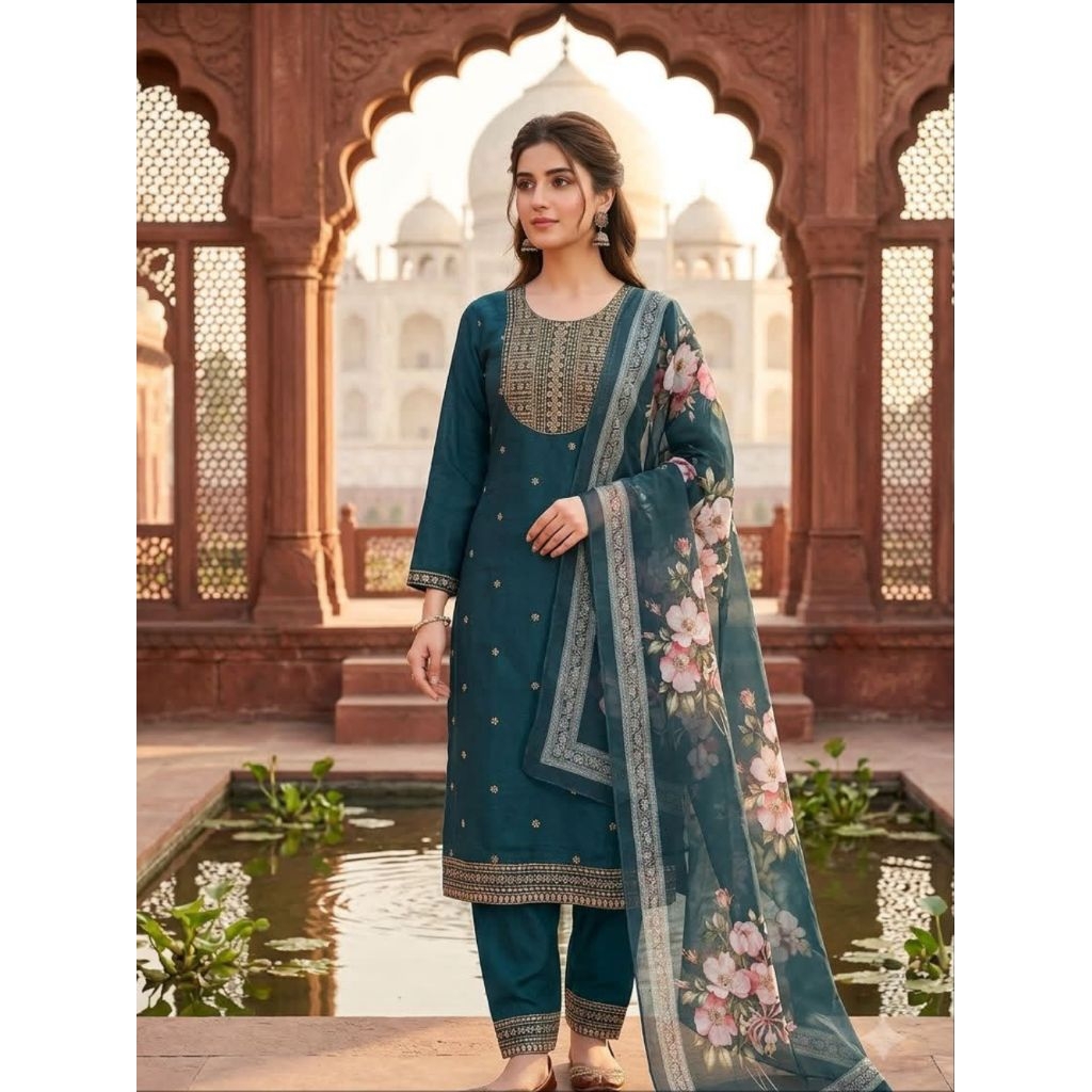 NEW BAJU INDIA WANITA/ KURTI SET INDIA WARNA EMERALD BIRU