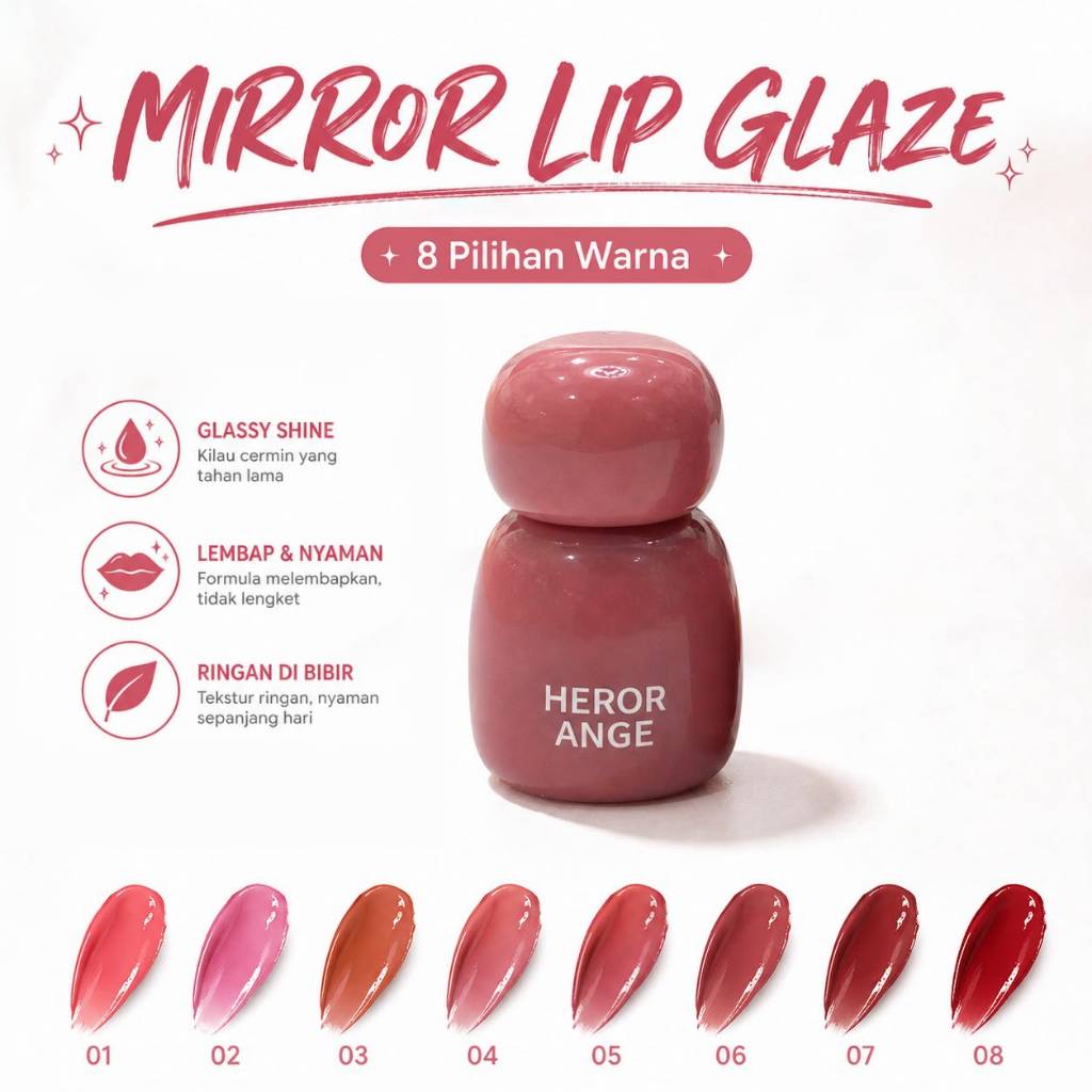 HERORANGE Lip Glaze Mirror Shine 8 Pilihan Warna