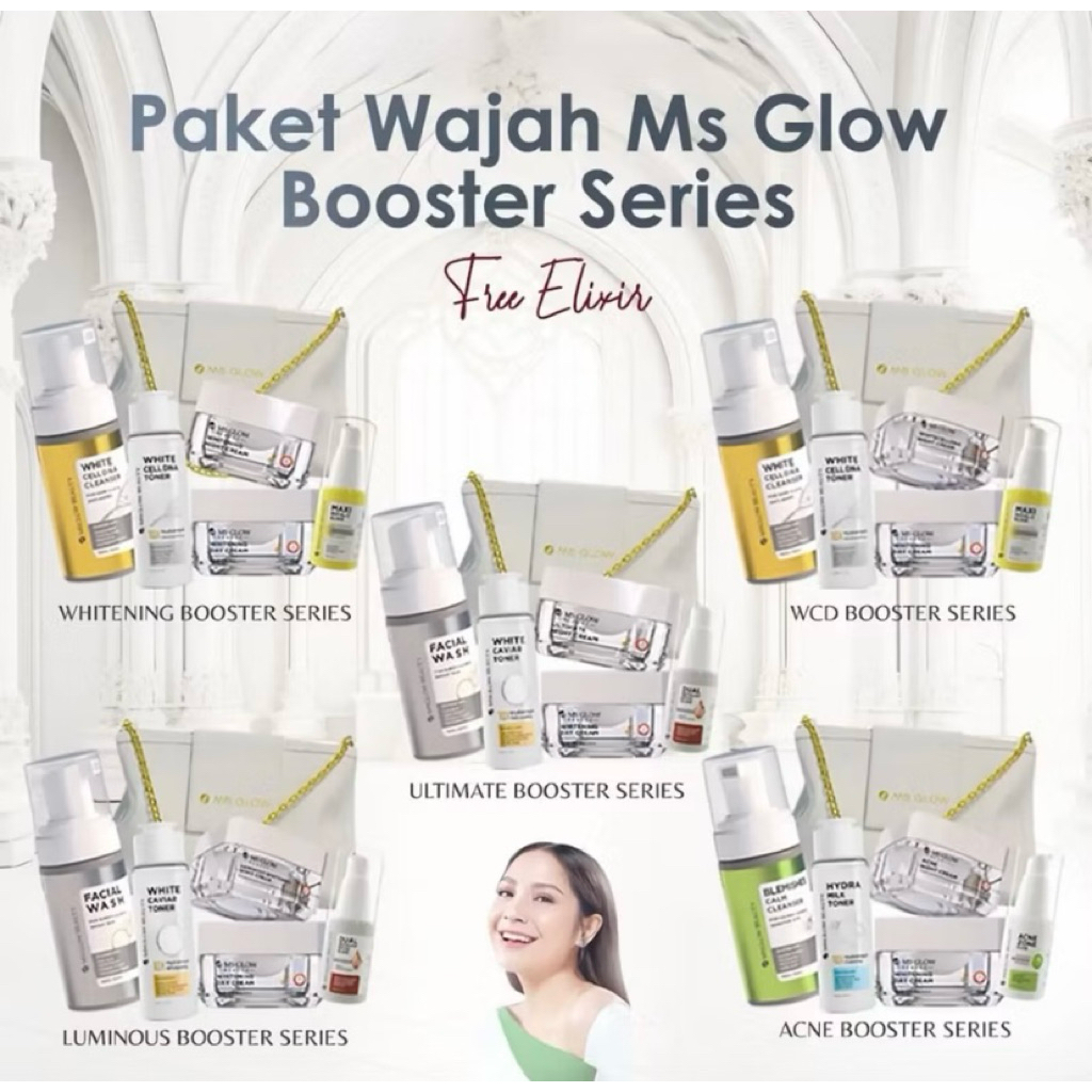 Ms glow - paket wajah free serum booster isi 5+1 (pouch,fw wash,toner,krim siang,krim malam,serum bo