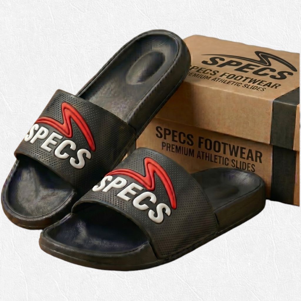 Sandal slop pria dewasa specs performance slides sporty tekstur bintik-bintik logo 3D timbul warna h