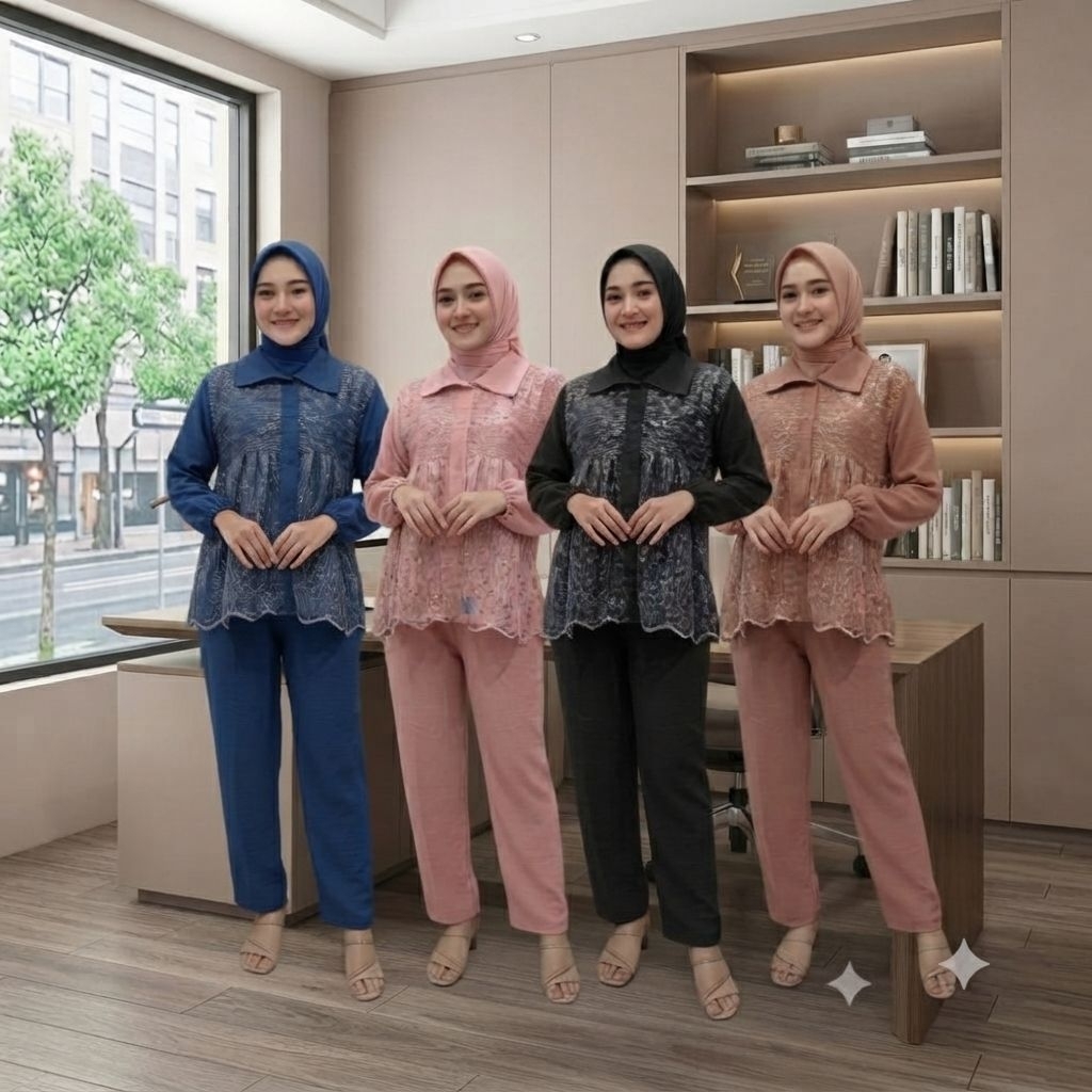 setelan celana wanita bahan crinkle variasi brokat Tile/one set Meilo jumbo busui/setcel dewasa mode