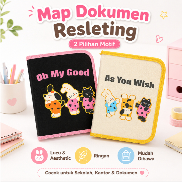 Tas Map Resleting Kain Motif Hewan Lucu Tempat Simpan Berkas Buku Alat Tulis untuk Sekolah dan Kanto