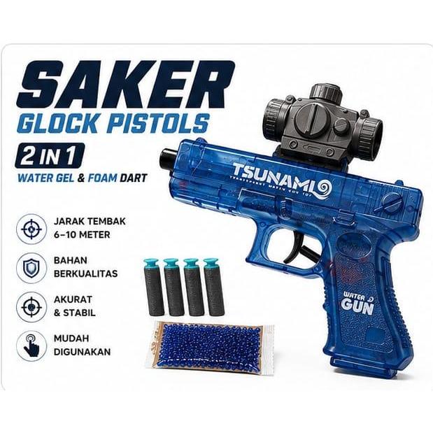 Saker Glock Pistols Water Gun 3 In 1 Biru, Dengan Scope, Peluru Water, Water Gel & Foam Dart