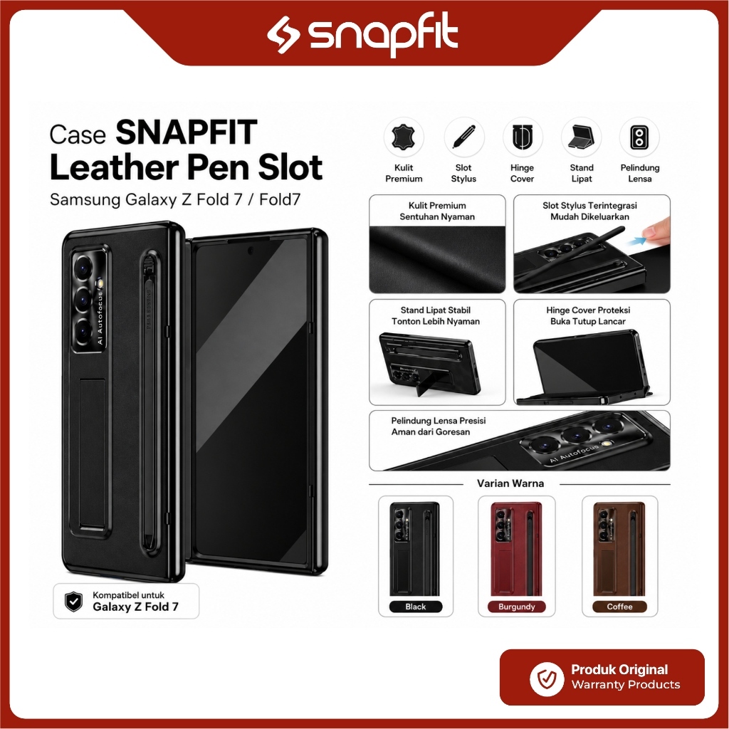 Case Samsung Galaxy Z Fold 7 Fold7 SNAPFIT Leather Pen Slot With Stylus Protection Hinge Cover Glass