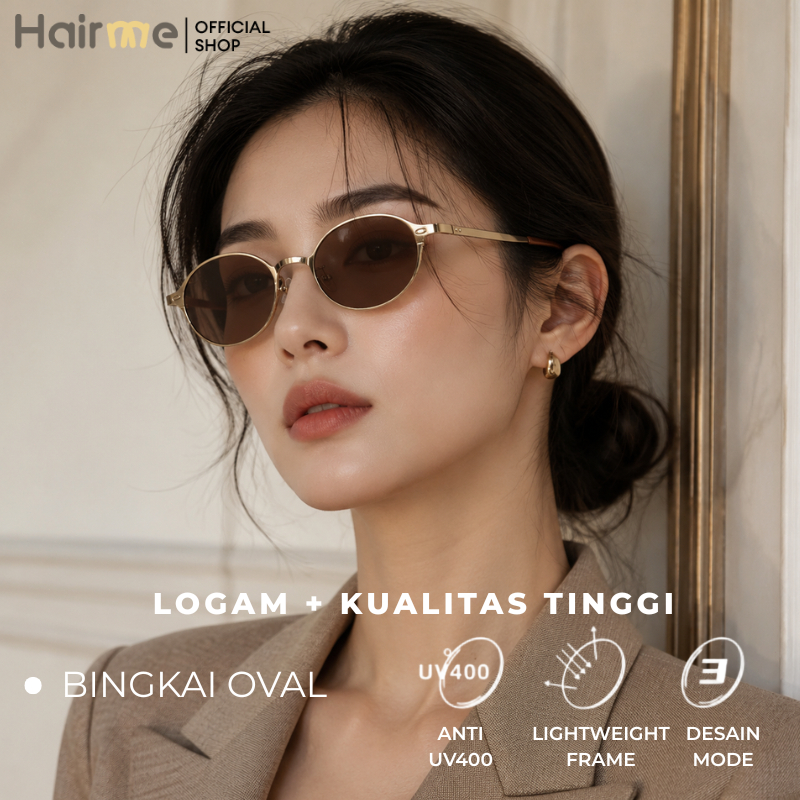 Hairme Hitam Bingkai Kacamata Hitam Bingkai Oval Anti UV400 Gaya Vintage Bingkai Kecil untuk Wanita 