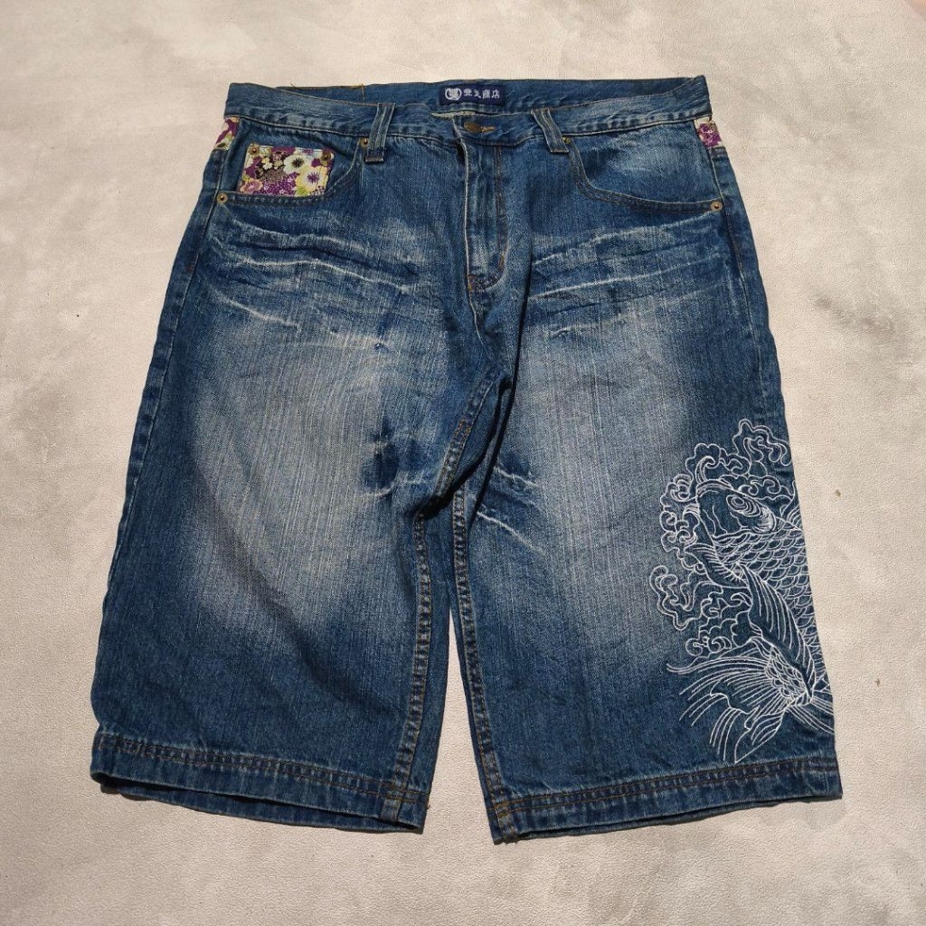 Celana Pendek denim jeans sukajan ryu koi bordir