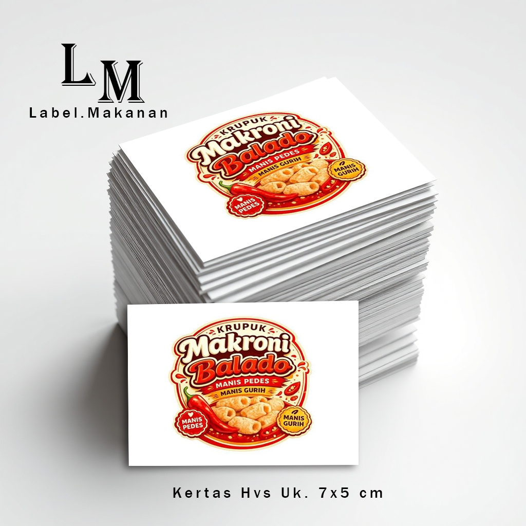 100 LEMBAR HVS LABEL MAKANAN USAHA CEMILAN DAN SNACK MAKRONI BALADO