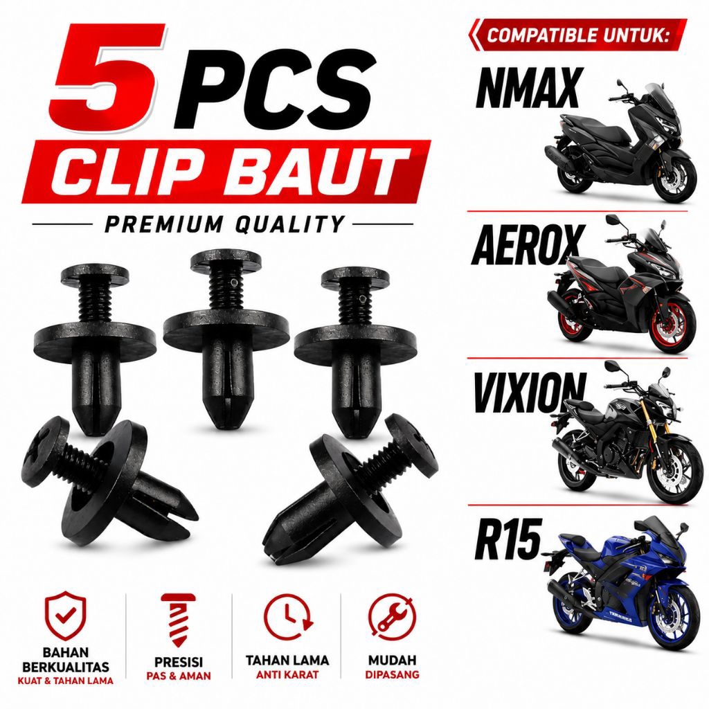 5 Pcs Baut Rivet Body Motor Yamaha NMAX Aerox Vixion R15 Klip Fairing 6mm Universal