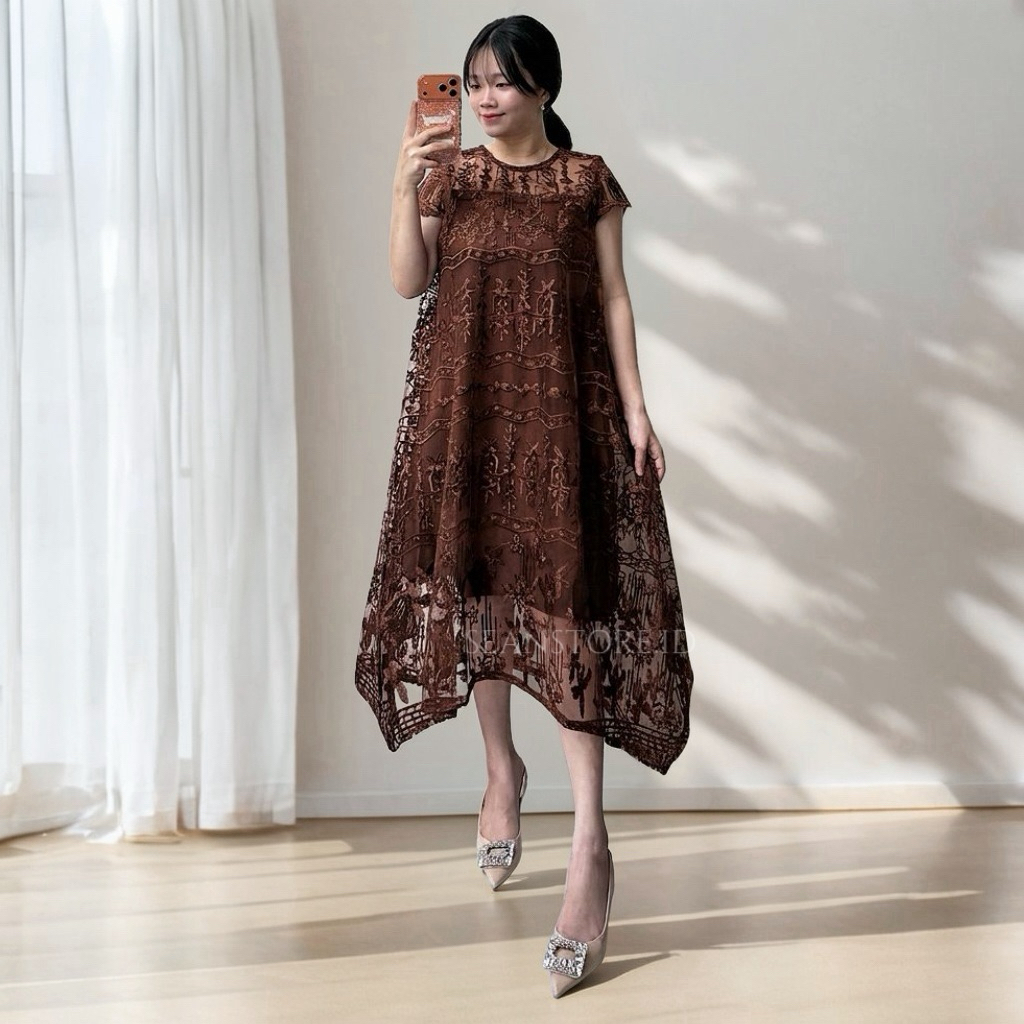Paulatte Tulle Dress Pesta Kondangan Asymmetric Loose Tunik Model A-Line Dress Natal Gereja Wisuda P