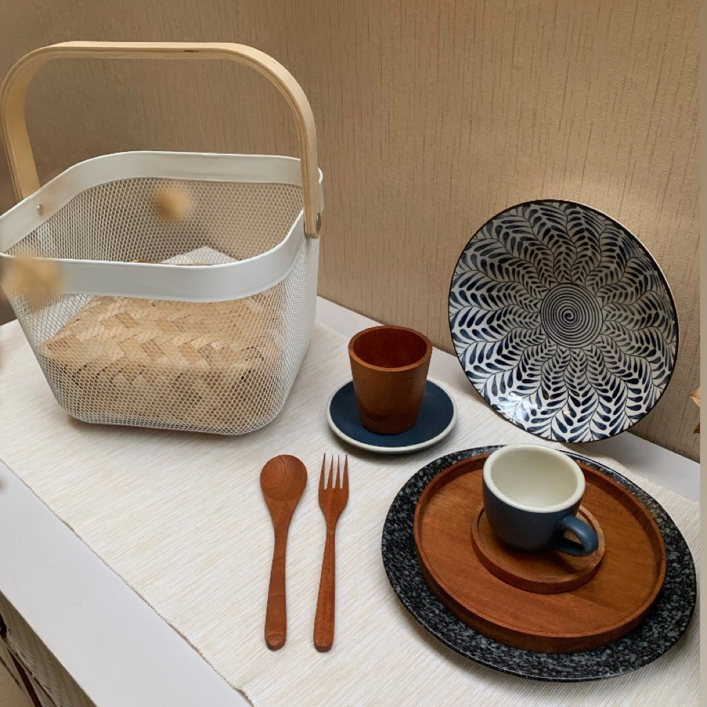 SET ALAT MAKAN KAYU KERAMIK | TABLEWARE ECER & PAKET | PIRING CEKUNG GELAS CANGKIR & TATAKAN SENDOK 