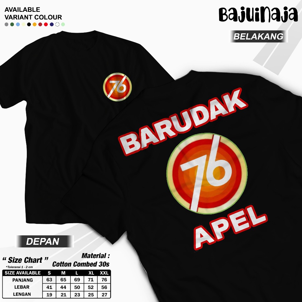 Kaos Hitam Barudak 76 Apel Cotton Combed 30s, Desain Logo, Banyak Pilihan Ukuran