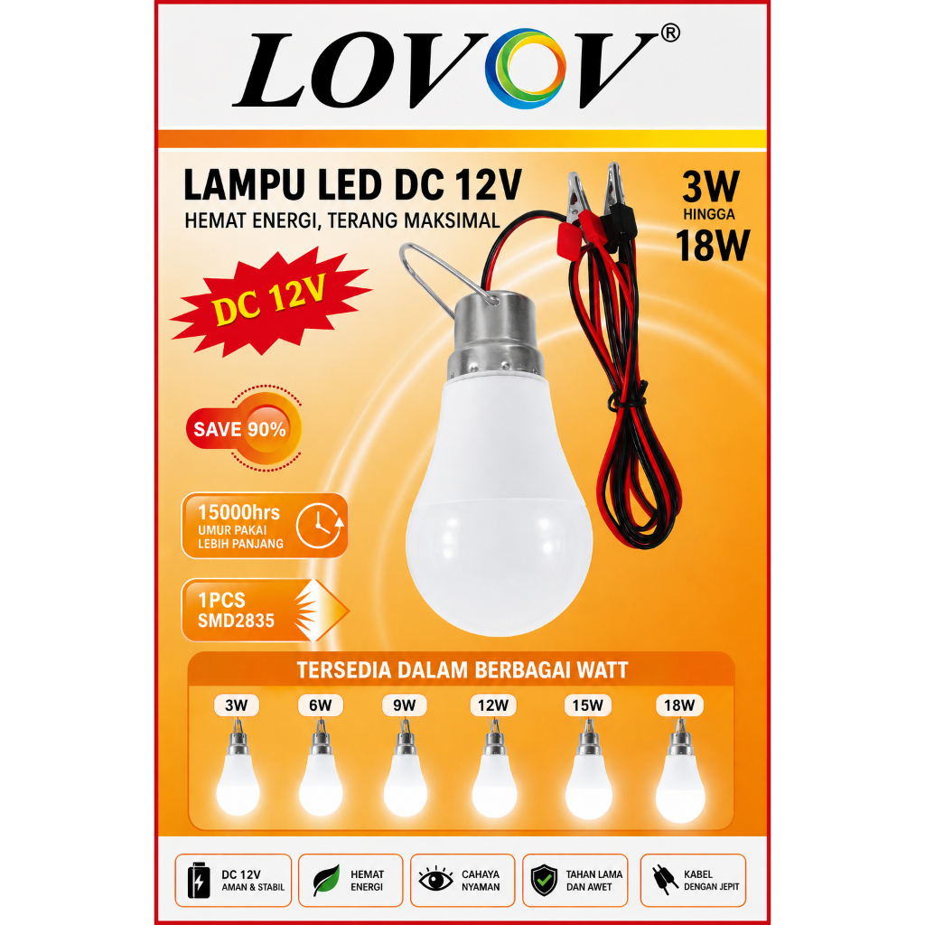 LOVOV Bohlam Lampu LED Jepit Aki DC 3WATT 7WATT 9WATT 15WATT 18WATT DC12V LAMPU DC 12V LAMPU AKI 12V