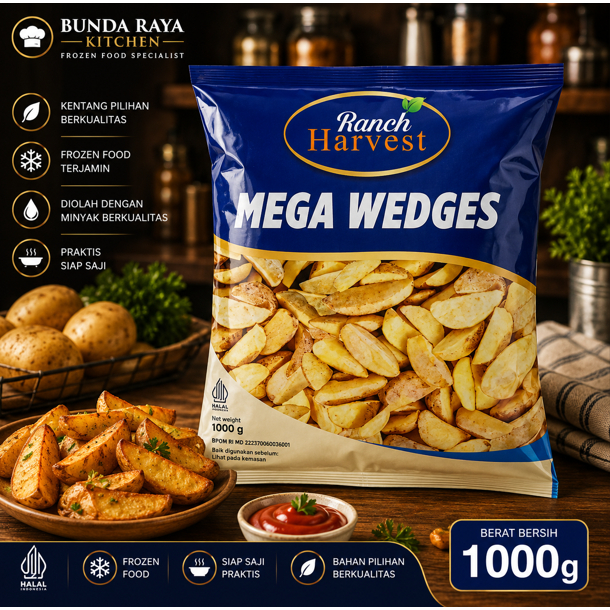 Ranch Harvest Mega Wedges 1KG | Kentang Frozen | Potato Wedges | Kentang Goreng Crispy | Frozen Food