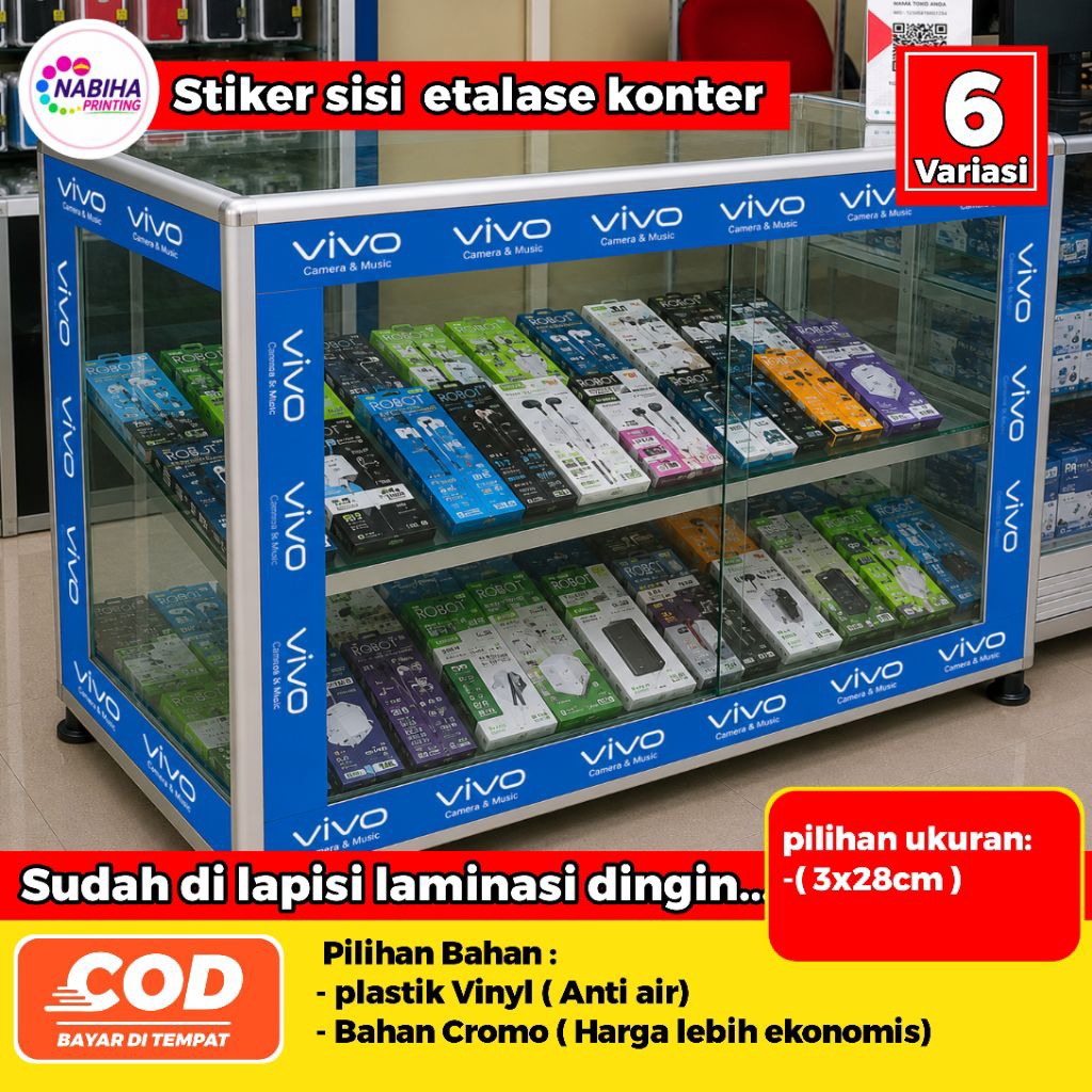Stiker etalase konter logo VIVO, OPPO, XIOMI, REALME, SAMSUNG, INFINIX Tahan air Bahan vinyl ukuran 