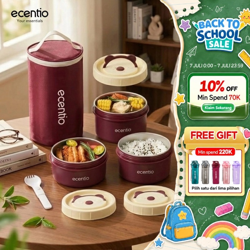 [Versi 2.0] ecentio lunch box tas set 3pcs merah Kotak Makan anti tumpah 304 Stainless Steel tas bek
