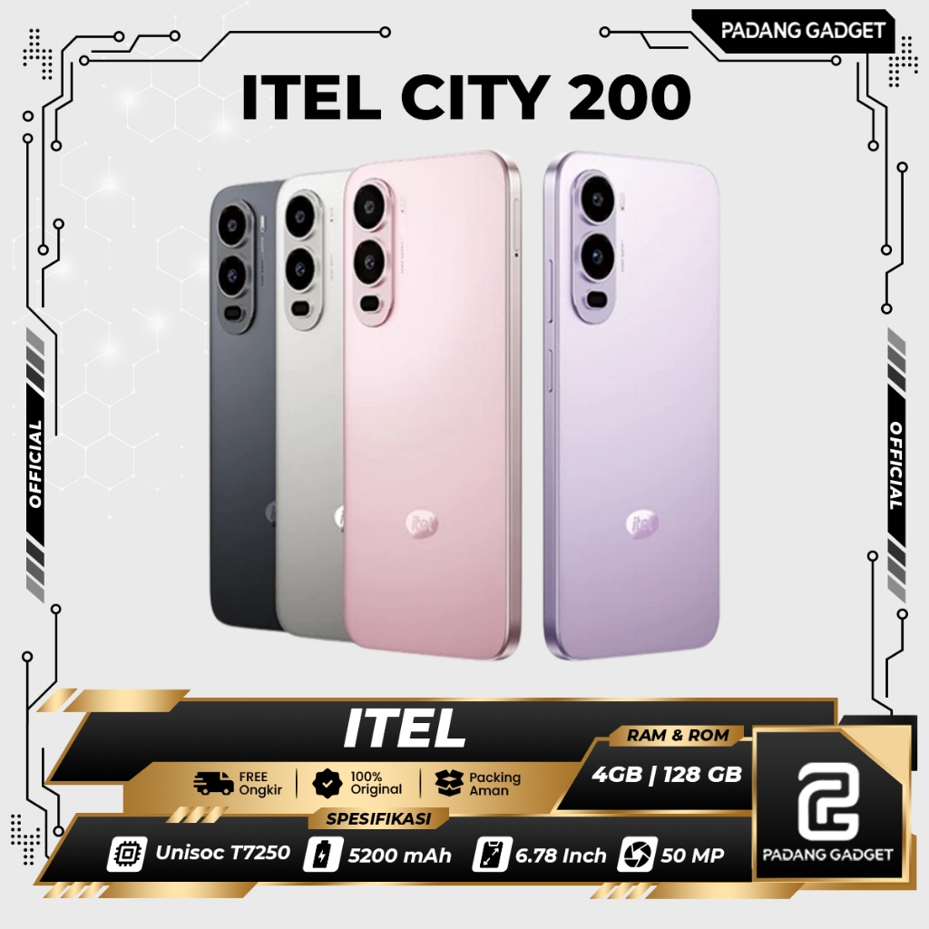 Itel City 200 4/128 GB | HP Smartphone Original kamera 50 Mp | Android Garansi Resmi 12 Bulan