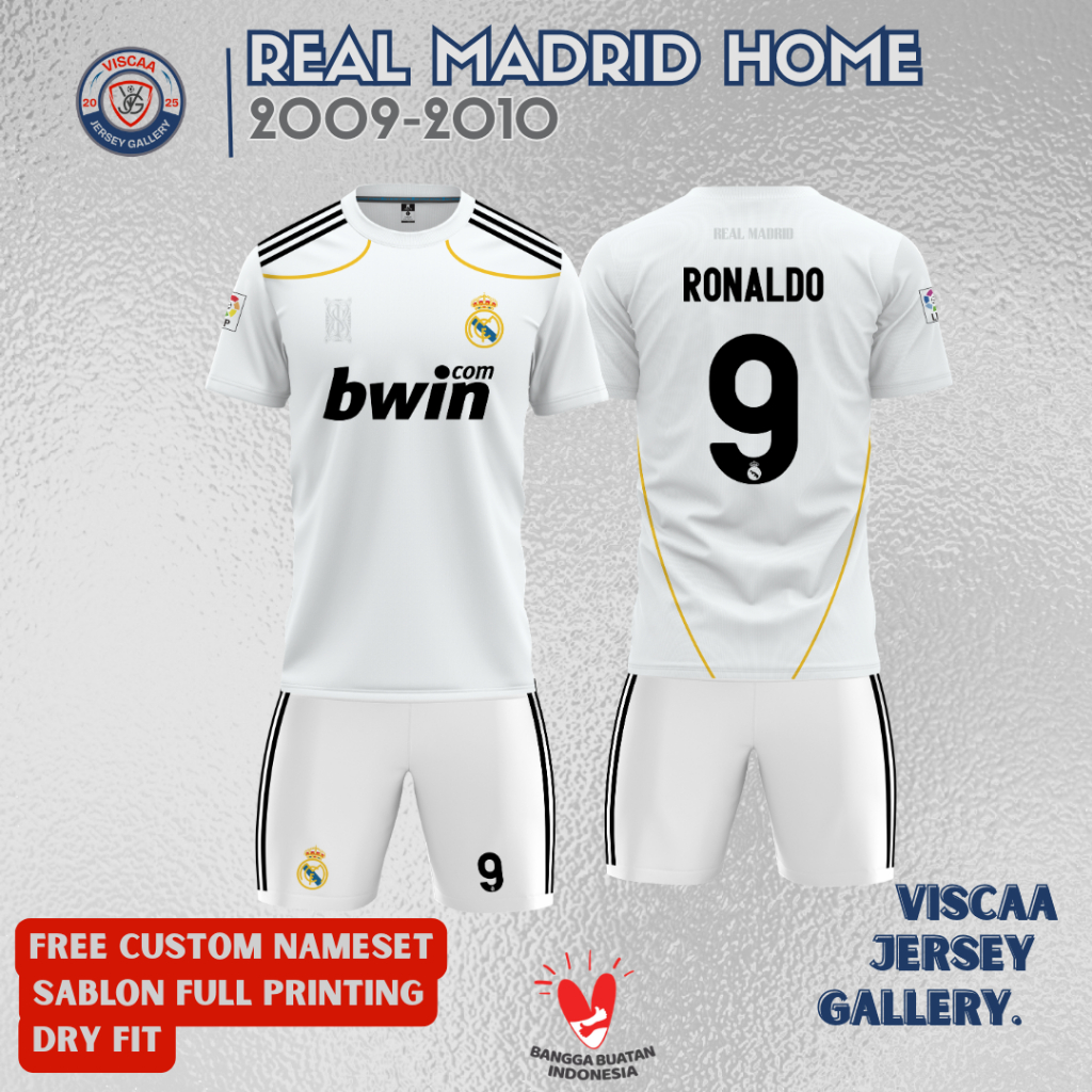 Jersey Real Madrid Retro 2009-2010 Ronaldo Dry Fit Full Printing Sublimasi Free Custom Nama dan No P