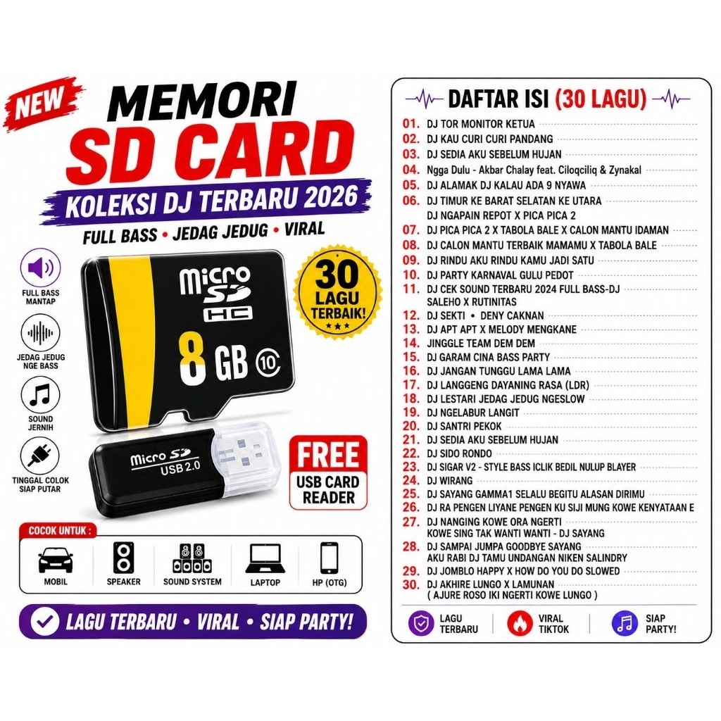 Memori SD Card 8GB Koleksi 30 Lagu DJ Terbaru 2026 Full Bass Jedag Jedug + Gratis USB Card Reader