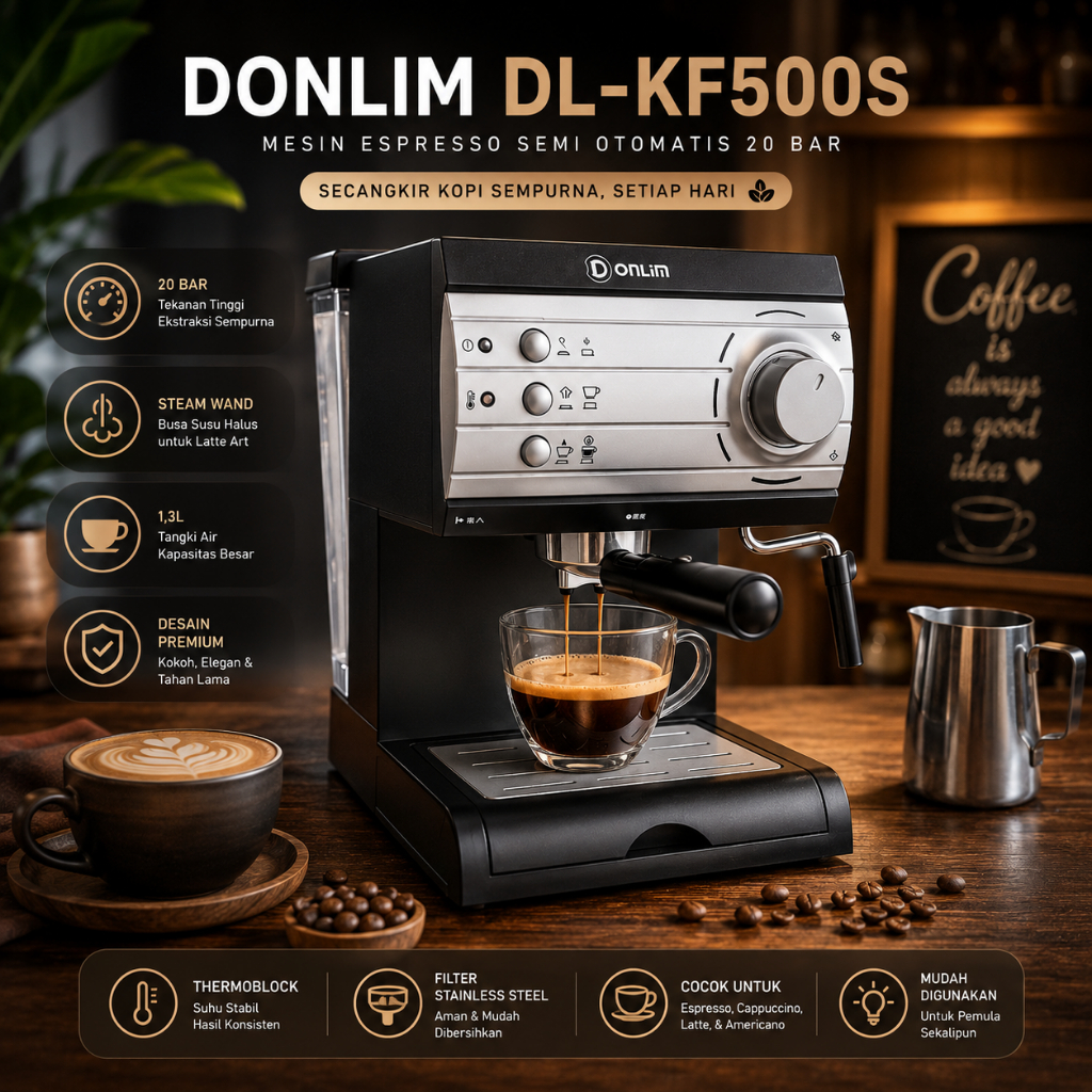 Mesin Kopi esspreso, Donlim DL-KF500S Mesin Espresso 20 Bar Semi Otomatis (Second Mulus)
