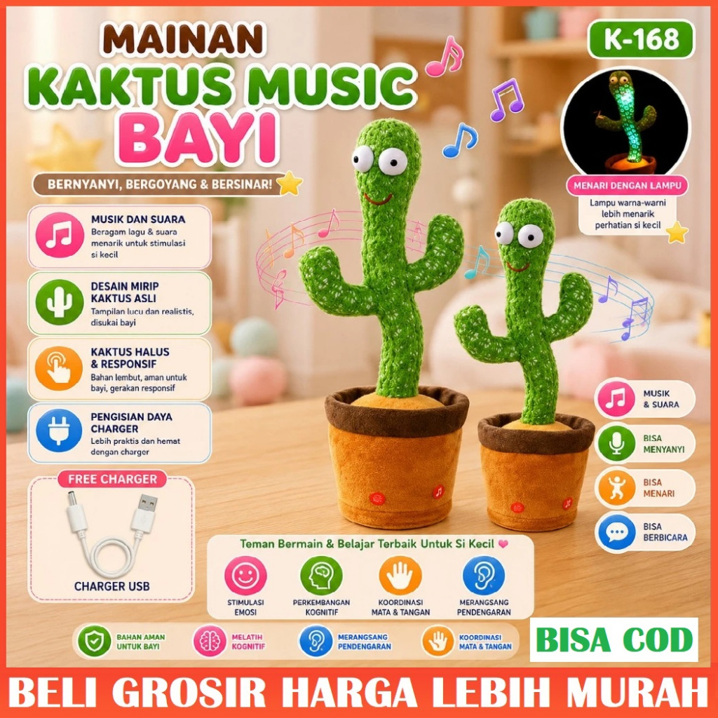 Boneka Kaktus Goyang / Mainan Kaktus Joget Peniru Suara / Kaktus Charger Usb Dance Menari Led