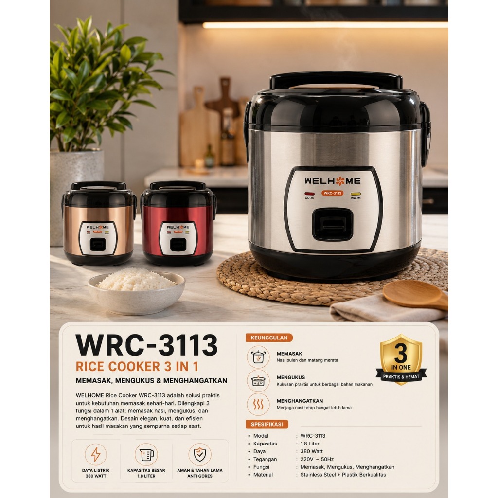 DESKRIPSI RICE COOKER PENANAK NASI 3IN1 STAINLESS BODY 1.8L WRC 3113