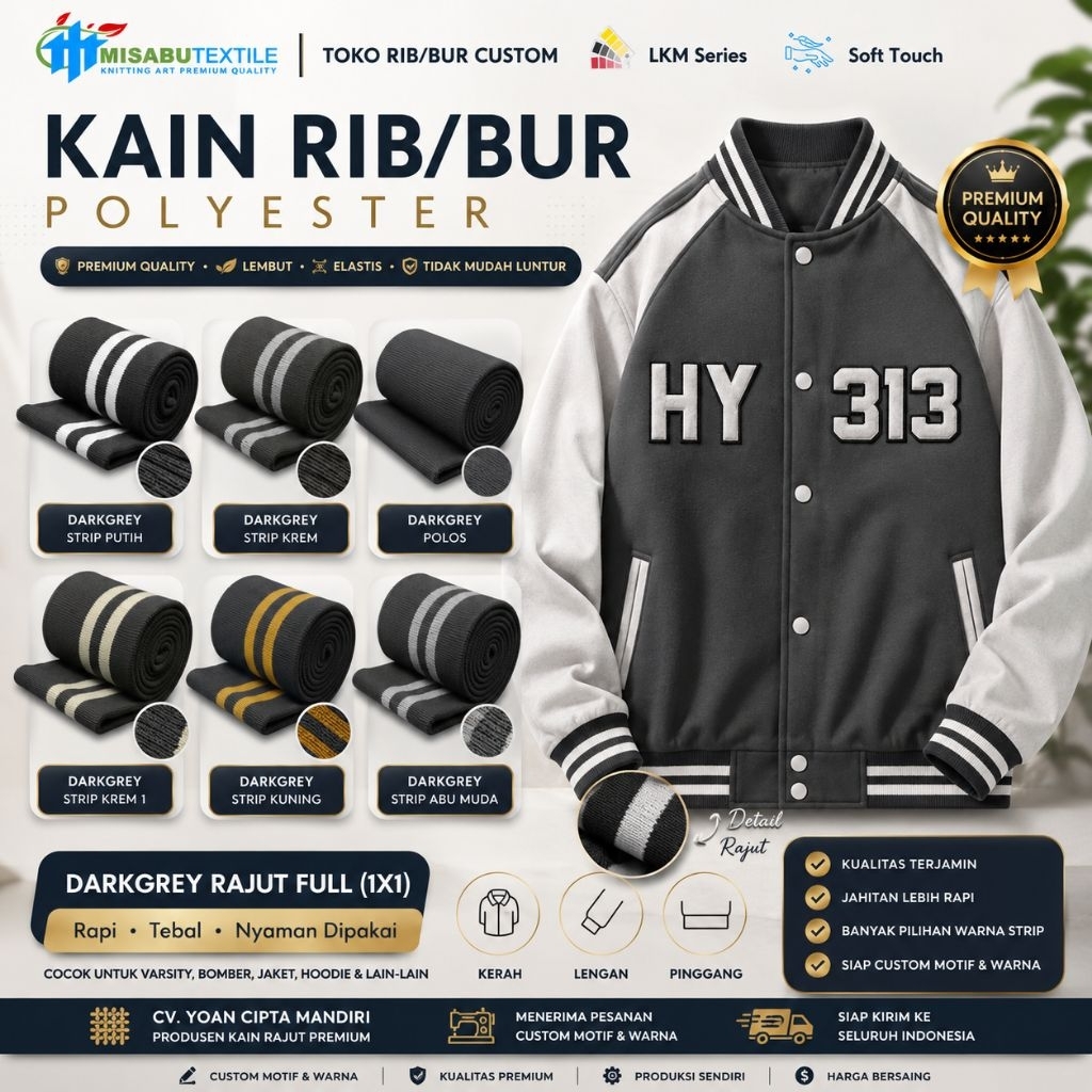 Kain rib bur poliester abu tua dark grey rajut premium polos dan strip
