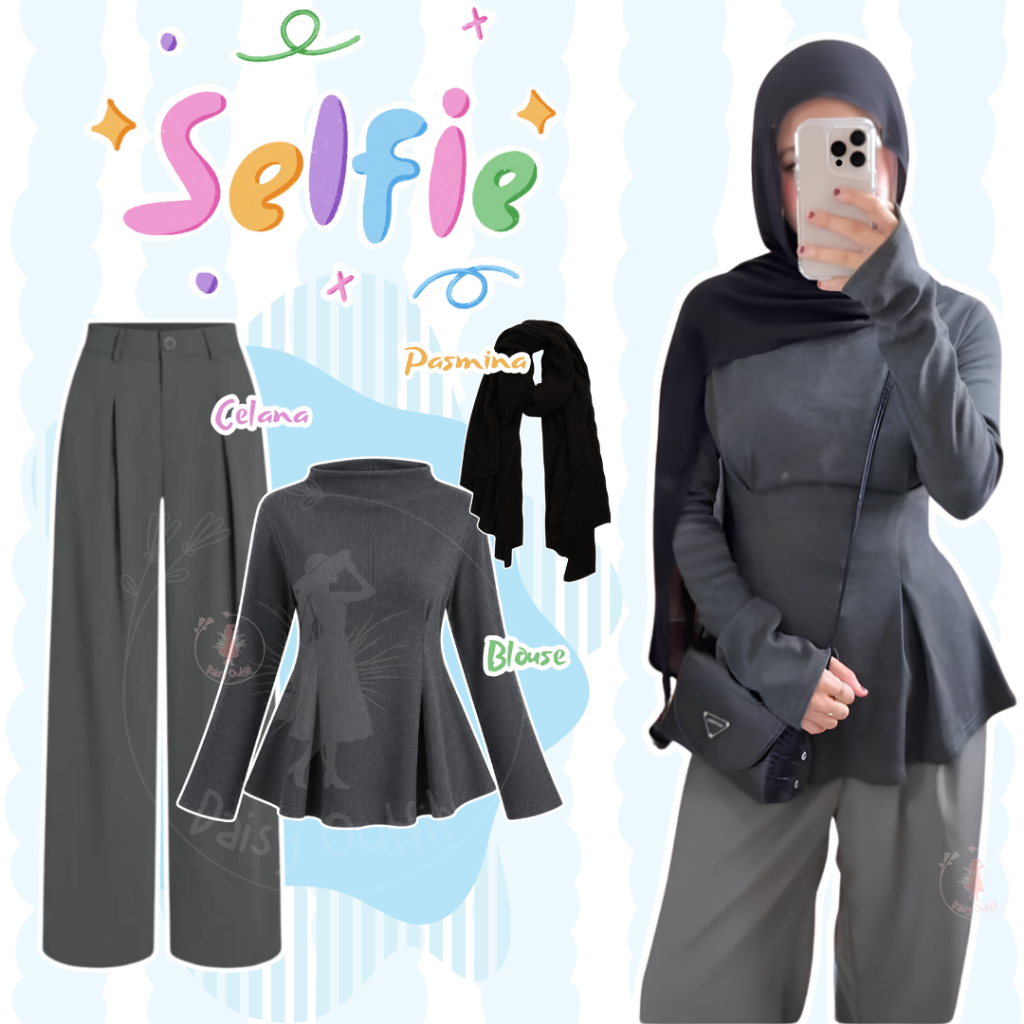Setelan Hijab 3in1 OOTD Knit Kekinian / Dolly Knit Top + Celana Jennie Knit Abu Tua + Pasmina Ceruty