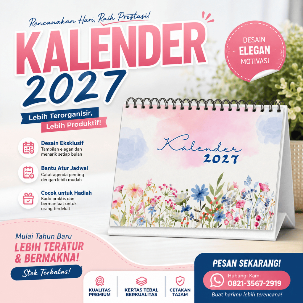 Kalender Meja 2027 Custom – 12 Lembar 1 Sisi, Tatakan Duplex