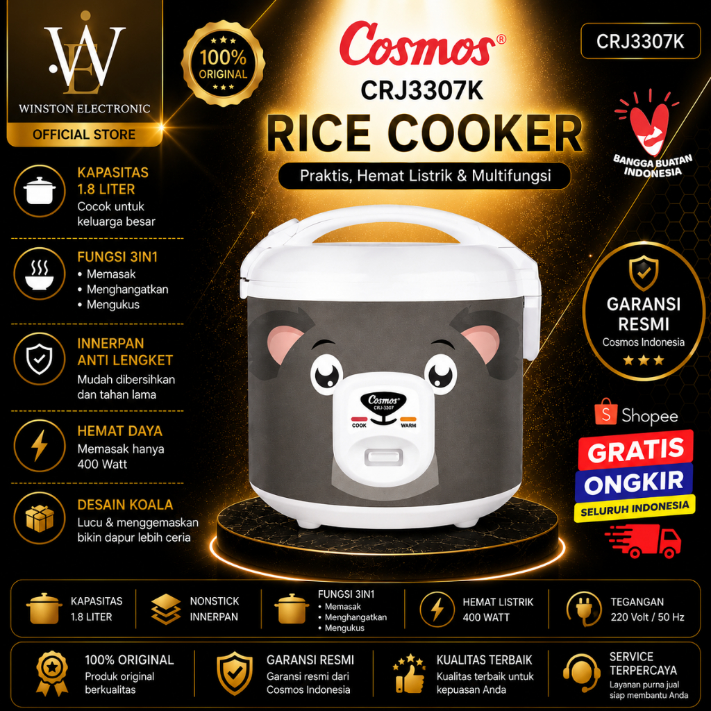 Cosmos Rice Cooker CRJ 3307 Koala - Penanak Nasi 1.8L CRJ 3307/CRJ3307/CRJ-3307/CRJ 3307/BERGARANSI