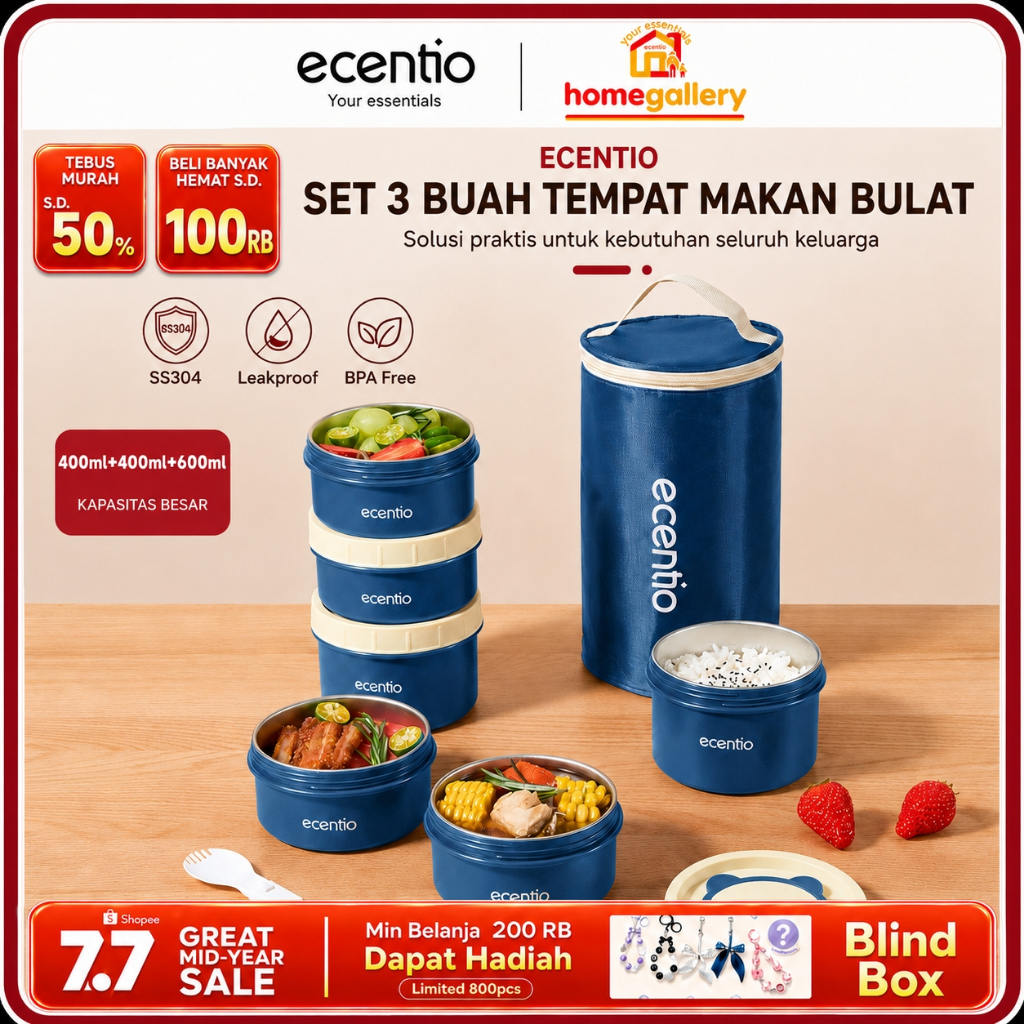 [Jepang Round Stainless Lunch Box Seri] ecentio Lunch Box Set 3pcs Rantang Susun Lunch Box Portabel 