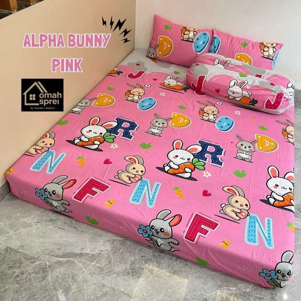 SPREI KARET KATUN PREMIUM 90/100/120/140/160/180/200 Motif alpha Bunny pink kelinci the rabbit rabbi