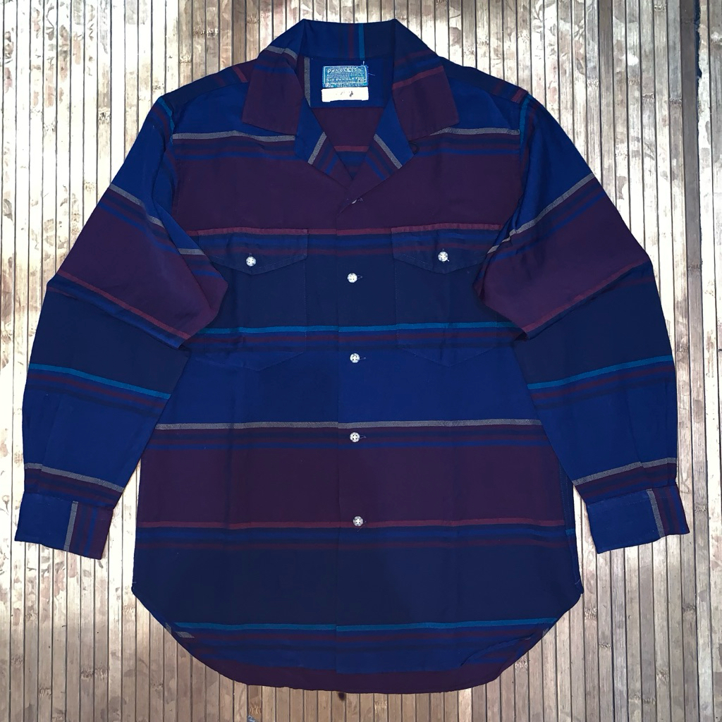 VINTAGE LOBO BY PENDLETON STRIPED BURGUNDY DARK NAVY OPEN COLLAR LONG SLEEVE WORK WEAR SHIRT RRL