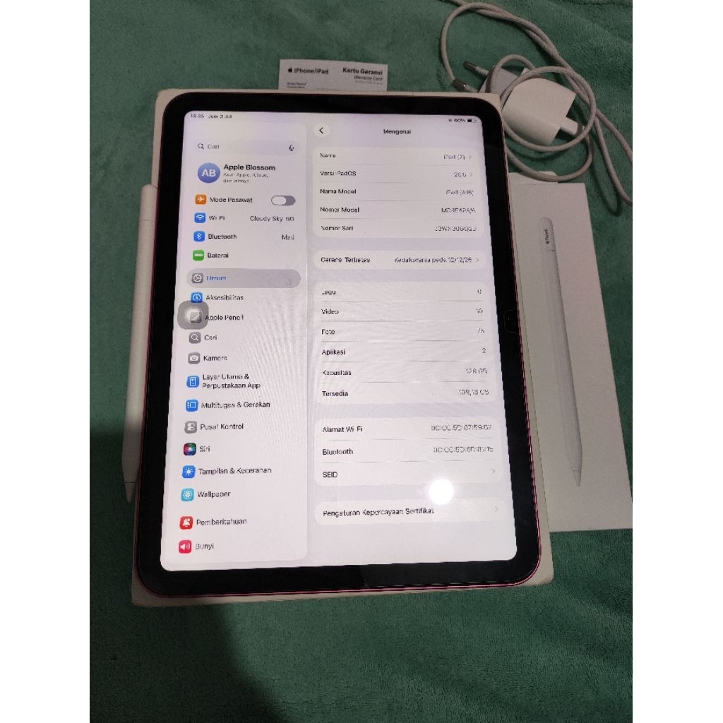 Ipad Gen 11 A16 128GB Pink iBox + Pencil Fullset Mulus