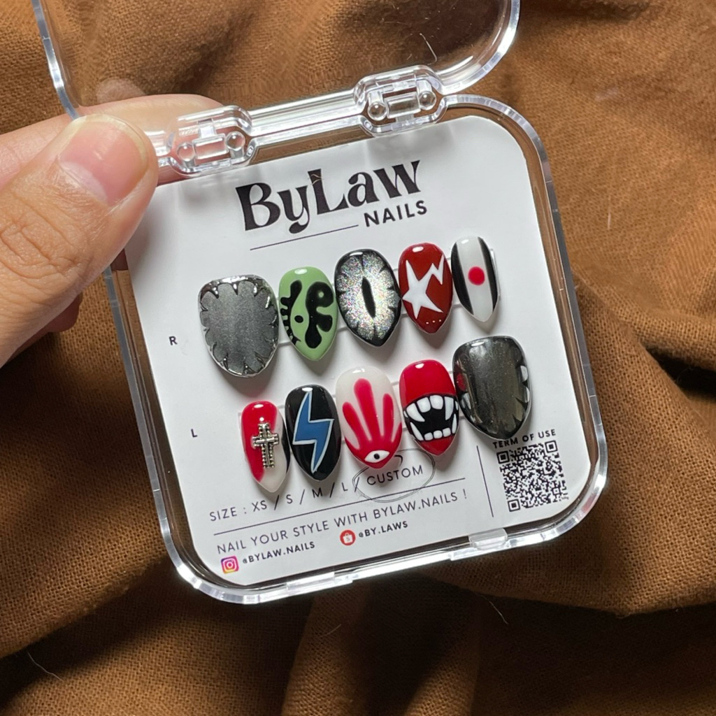 [ByLaw. Nails] Punk Monster Press On Nails | Gothic Eye Lightning Teeth Cross Chrome Alternative |  