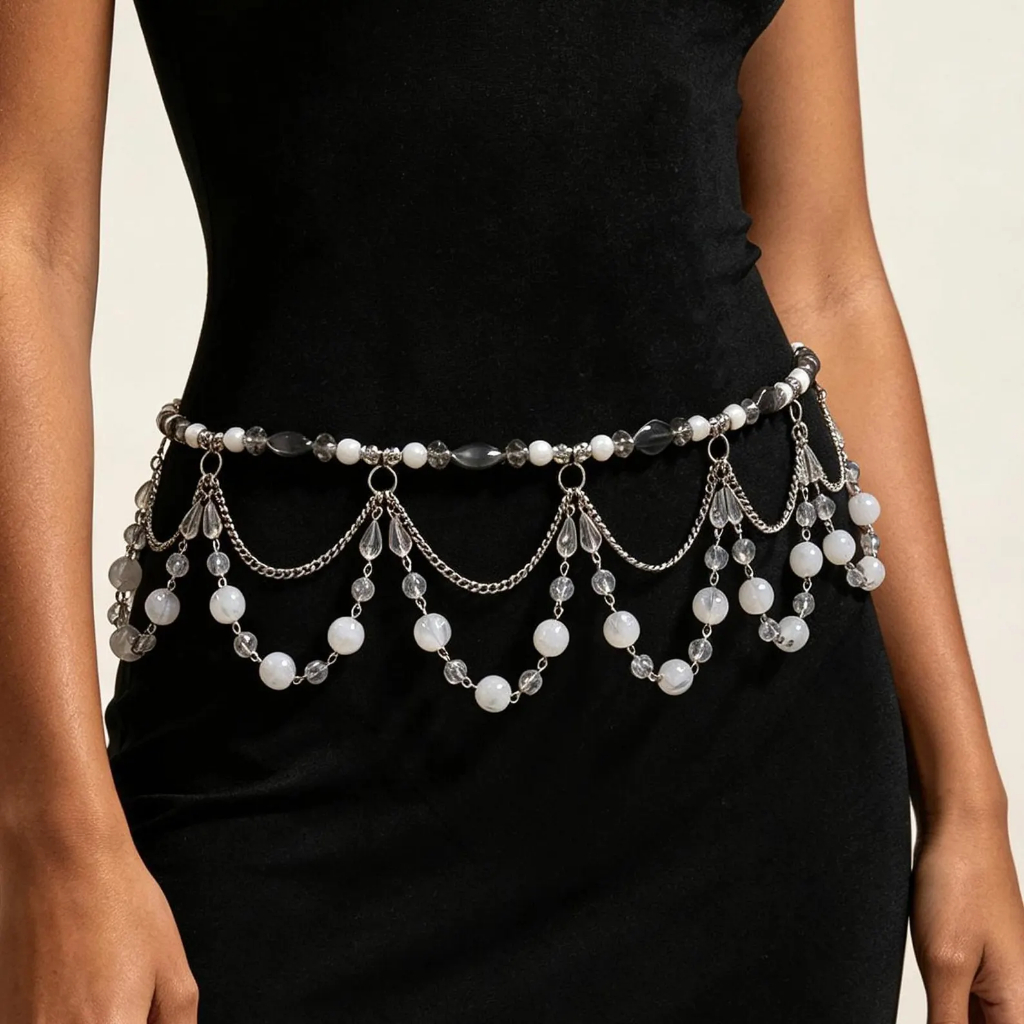 Monochrome Rave Body Chain, Layered Metal Punk Waist Beads