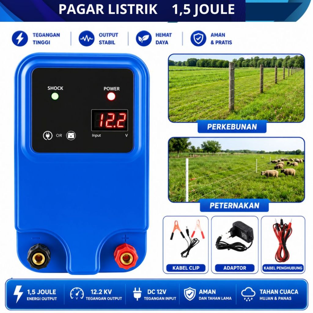 Pagar Listrik 1.5 Joule Electric Fence Energizer DC 12V 12.2KV | Alat Pagar Listrik Peternakan Sapi 